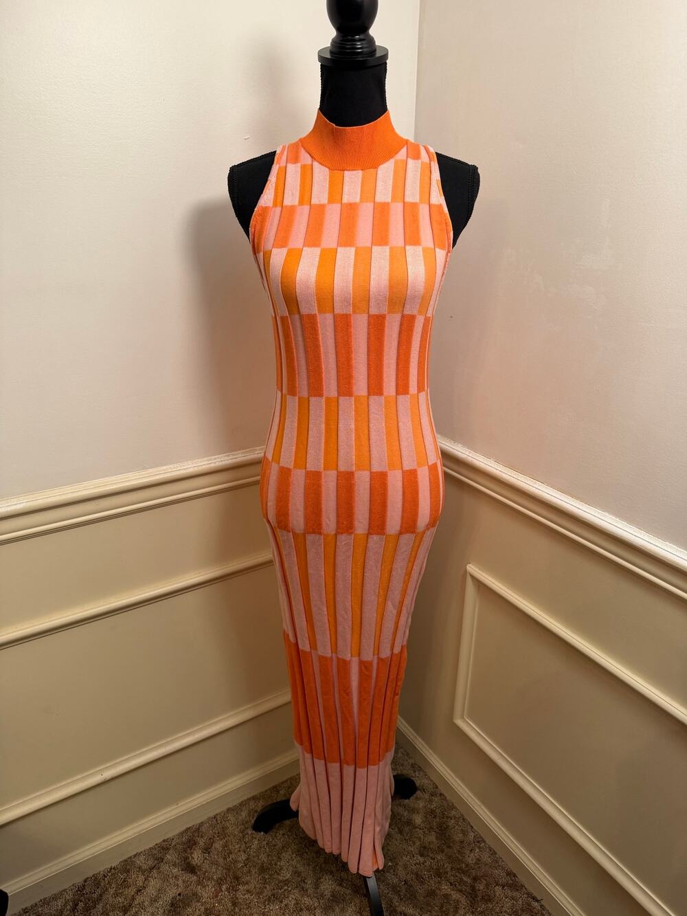 Anthropologie Sleeveless Mock-Neck Sweater Column Maxi Dress Checkered Retro